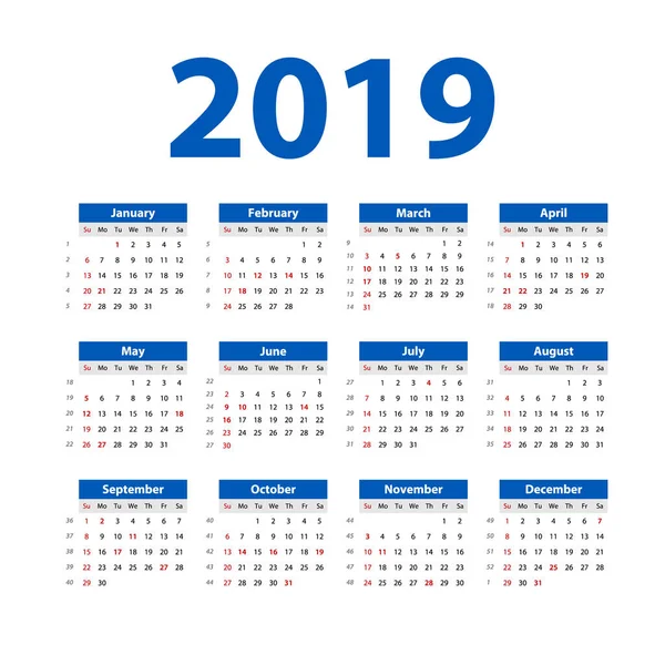 Vector 2019 Calendario Año Nuevo Tabla Mínima Limpia Estilo Simple — Vector de stock