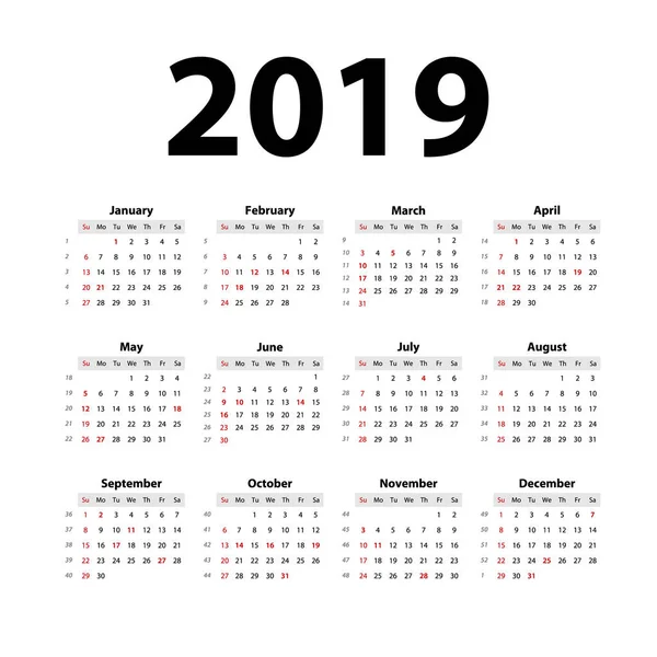 Vector Calendario Simple Diseño Para 2019 Años Semana Comienza Domingo — Vector de stock