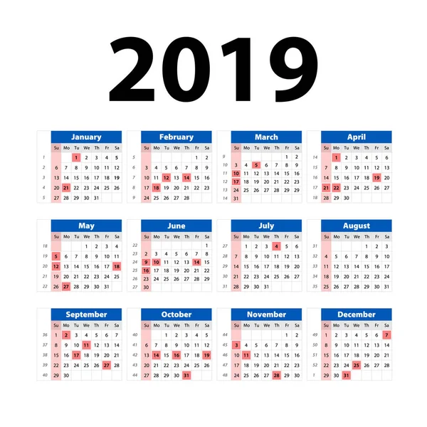 Calendario 2019 Años Plantilla Diseño Simple Calendario Vertical Vector Color — Vector de stock