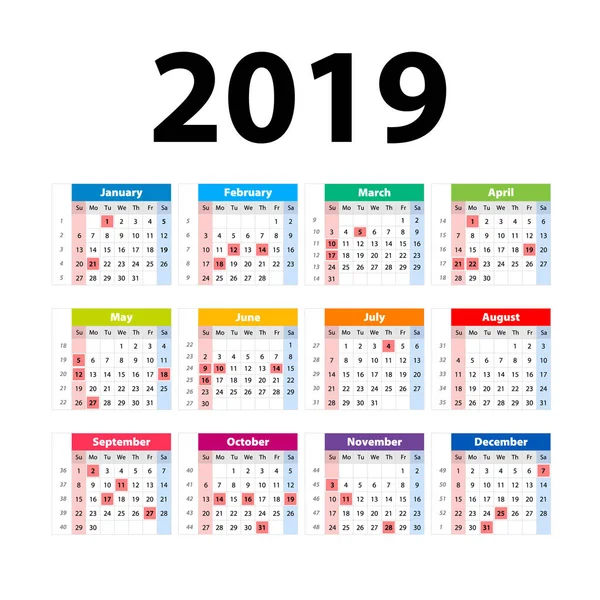 Diseño Del Calendario Para 2019 Semana Comienza Domingo Diseño Vectorial — Vector de stock