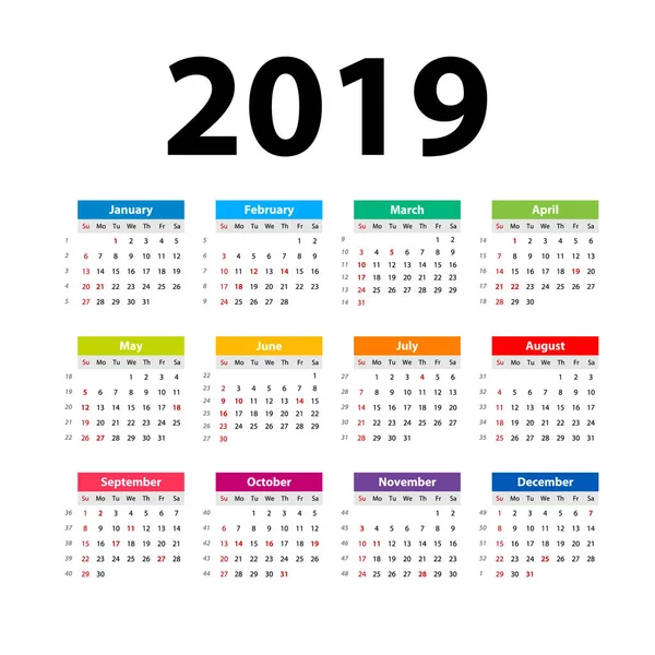Vetor Calendário 2019 Colorido Semana Começa Domingo Calendário Inglês Ano — Vetor de Stock