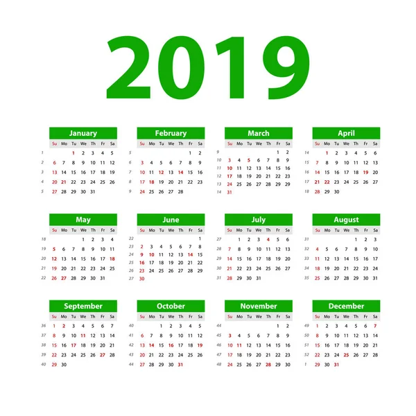 Vector Calendario 2019 Verde Semana Comienza Domingo Calendario Inglés Año — Vector de stock