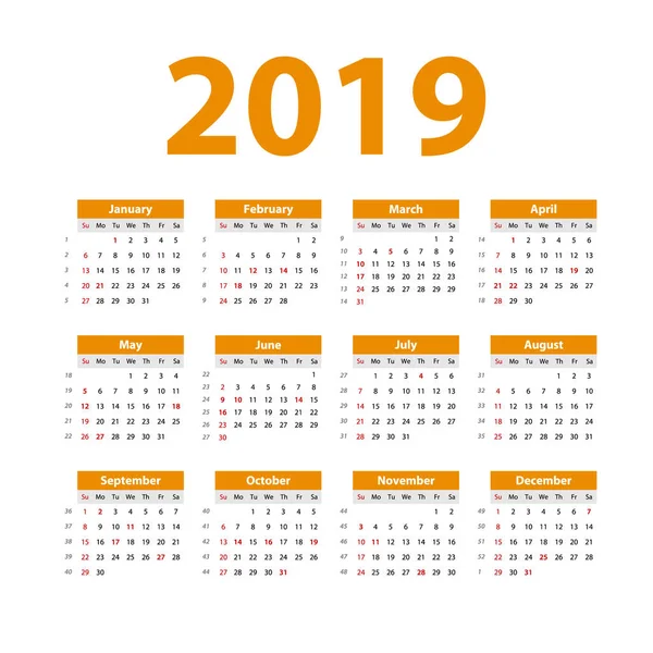 Vector Calendario 2019 Naranja Semana Comienza Domingo Calendario Inglés Año — Vector de stock