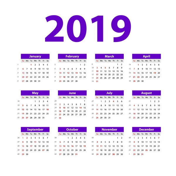 Vector Calendario 2019 Violeta Semana Comienza Domingo Calendario Inglés Año — Vector de stock