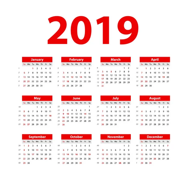 Vector Calendario 2019 Rojo Semana Comienza Domingo Calendario Inglés Año — Vector de stock