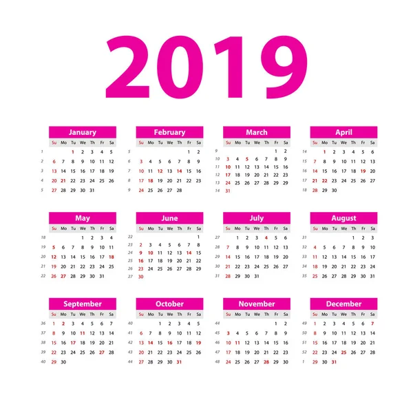 Vector Calendario 2019 Rosa Semana Comienza Domingo Calendario Inglés Año — Vector de stock