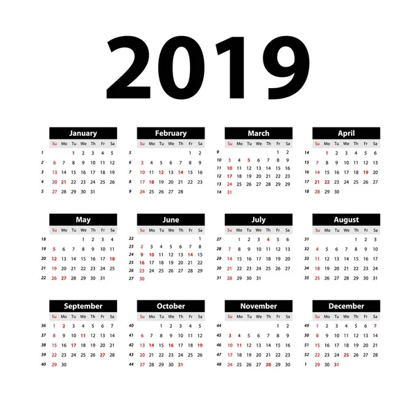 Vector Calendario 2019 Negro Semana Comienza Domingo Calendario Inglés Año — Vector de stock