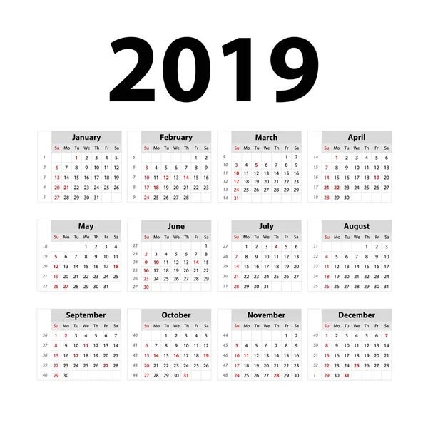 Vector Calendario 2019 Gris Semana Comienza Domingo Calendario Inglés Año — Vector de stock