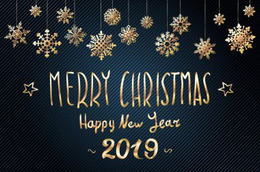 vektör altın neşeli Noel tebrik ve mutlu yeni yıl 2019 koyu mavi arka plan. Altın kar tanesi sanat