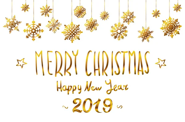 ベクトル ゴールド メリー クリスマスの挨拶と新年あけましておめでとうございます 2019 白い背景 黄金の雪アート — ストックベクタ