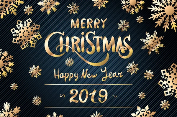 Mutlu yeni yıl 2019 kış tatil tebrik kartı tasarım şablonu. Parti poster, afiş veya davet altın ışıltılı konfeti glitter dekorasyon yıldız. Altın ile vektör arka plan
