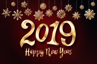 vektör gerçekçi 2019 altın numaraları, kırmızı zemin üzerine kar tanesi. Vektör tatil çizim. Mutlu yeni yıl 2019. Dekorasyon öğesi tinsel sanatı ile