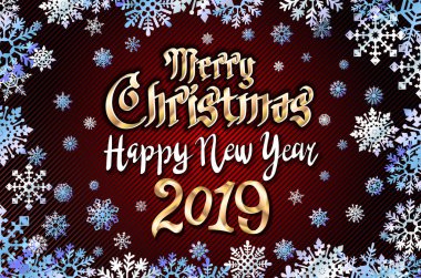 vektör altın neşeli Noel tebrik ve mutlu yeni yıl 2019 koyu kırmızı arka plan. Altın kar tanesi sanat