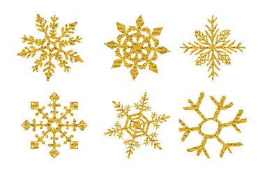 Beyaz arka plan üzerinde izole altı altın glitter doku kar tanesi ayarlayın. Vektör çizim. Sanat