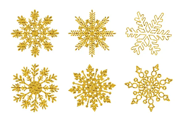 Ställ Sex Guld Glitter Textur Snöflinga Isolerad Vit Bakgrund Vektorillustration — Stock vektor