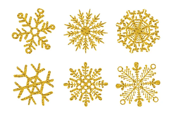 Set Seis Copo Nieve Textura Brillo Oro Aislado Sobre Fondo — Vector de stock