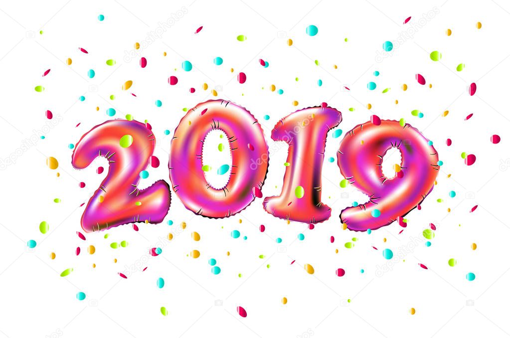 vector New year 2019 celebration. pink foil balloons numeral 2019 and confetti on white background. 3d rendering