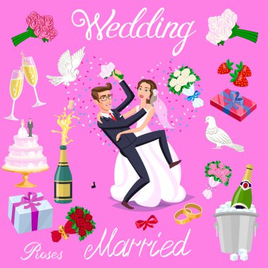 set vektör düğün çift kalpler avatarlar karakter ile evlendim. gül çiçek şampanya kek yeni evliler güvercin hediye yüzük çilek yay buz kabarcıklar sanat