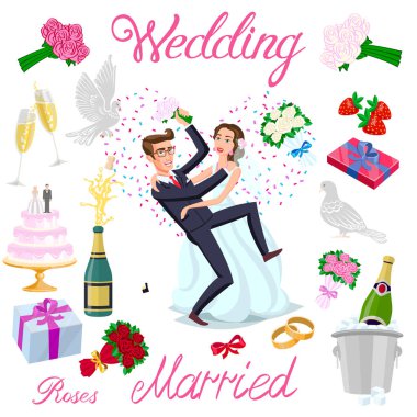 set vektör düğün çift kalpler avatarlar karakter ile evlendim. gül çiçek şampanya kek yeni evliler güvercin hediye yüzük çilek yay buz kabarcıklar sanat