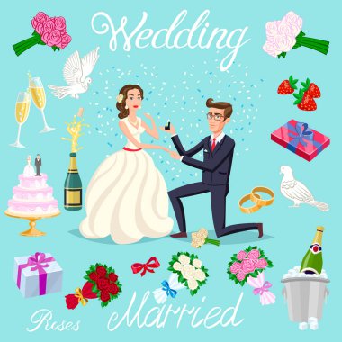 set vektör düğün çift kalpler avatarlar karakter ile evlendim. gül çiçek şampanya kek yeni evliler güvercin hediye yüzük çilek yay buz kabarcıklar sanat