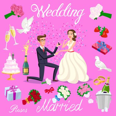 set vektör düğün çift kalpler avatarlar karakter ile evlendim. gül çiçek şampanya kek yeni evliler güvercin hediye yüzük çilek yay buz kabarcıklar sanat
