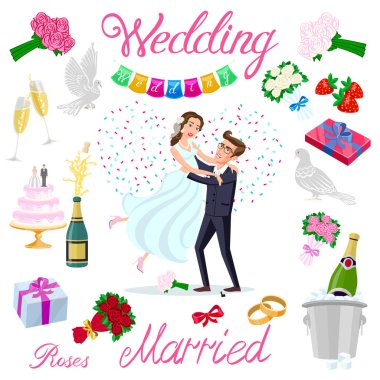 set vektör düğün çift kalpler avatarlar karakter ile evlendim. gül çiçek şampanya kek yeni evliler güvercin hediye yüzük çilek yay buz kabarcıklar sanat