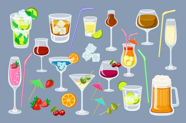 Набор кокаинов. классические алкогольные напитки выделяются на сером фоне бокалом шампанского, маргариты, коньяка, виски со льдом, коктейлем, вином, водкой, текилой и коньяком. Векторная иллюстрация — стоковый вектор