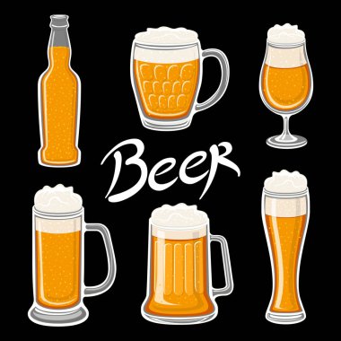 bira cam, kupa, varil, şişe ve hop vektör. Zanaat bira hat tasarım ve en az düz vektör çizim bira farklı türde. Oktoberfest ekipman. Restoran illüstrasyon