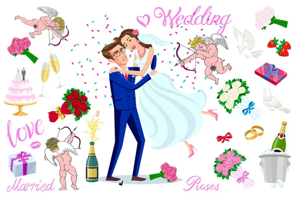 Set vector Recién casados, recién casados, novia y novio conjunto. Pareja feliz celebrando el matrimonio, bailando, besándose, abrazándose, abrazándose en brazos, cortando pastel, saltando después de la ceremonia — Archivo Imágenes Vectoriales