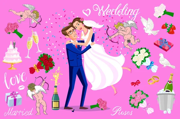 Set Vektor gerade geheiratet, Braut und Bräutigam Set. glückliches Paar feiert Hochzeit, tanzt, küsst, umarmt, hält sich in den Armen, schneidet Kuchen, springt nach der Zeremonie — Stockvektor