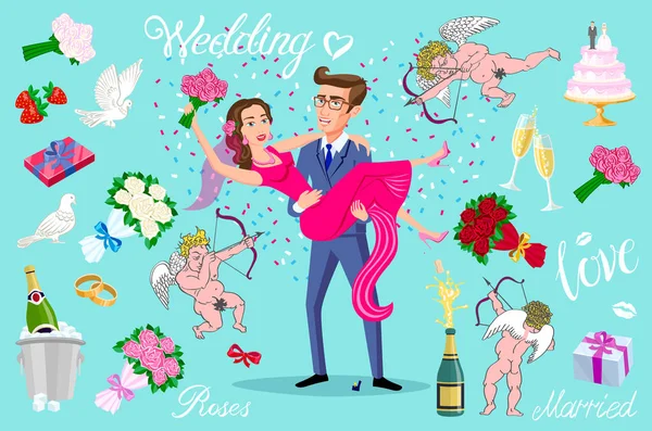 Vektor csak a felesége, az ifjú, a menyasszony és a vőlegény készlet beállítása Boldog pár ünnepli a házasság, tánc, csók, ölelés, gazdaság egymás karjaiban, vágott sütemény, miután ünnepség ugró — Stock Vector