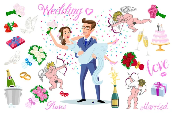 新郎新婦の文字のセット。新婚夫婦が踊り、手を繋いで、ハグ。結婚式招待状の要素です。漫画のスタイルのベクトル図 — ストックベクタ