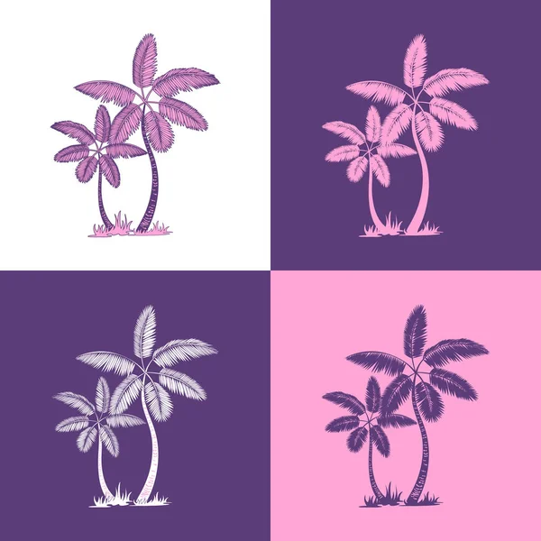 Palm bomen en bladeren. lijn silhouet geïsoleerd op wit en roze, viloet achtergrond. Vector schets illustratie. — Stockvector