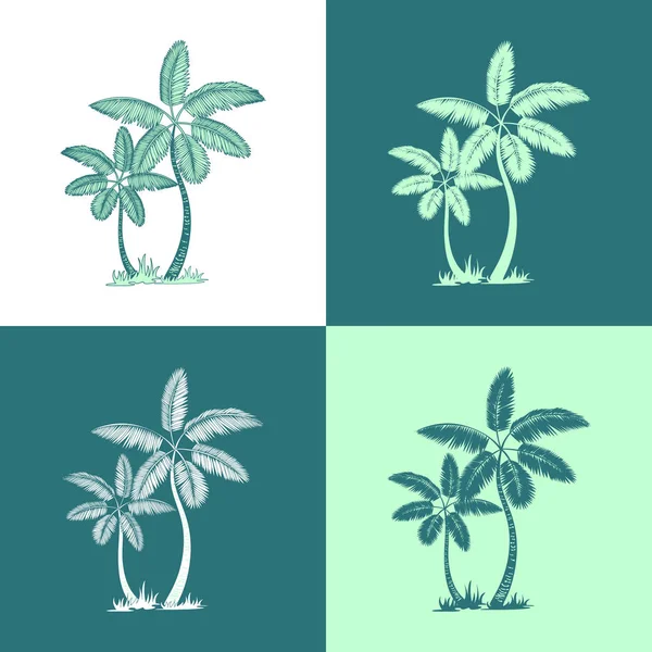 Palm bomen en bladeren. lijn silhouet geïsoleerd op witte en groene achtergrond. Vector schets illustratie. — Stockvector