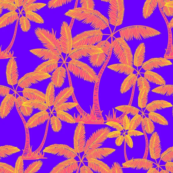 Naranja Patrón de palmas tropicales sin costuras. Verano interminable mano dibujado vector violeta fondo de palmeras se puede utilizar para el papel pintado, papel de envolver, impresión textil . — Vector de stock