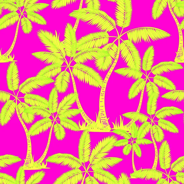 Amarillo verde Patrón de palmas tropicales sin costuras. Verano interminable mano dibujado vector magenta fondo de palmeras se puede utilizar para el papel pintado, papel de envolver, impresión textil . — Vector de stock