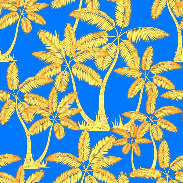 Yellow orange Seamless tropical palms pattern. Summer endless hand drawn vector blue background of palm trees can be used for wallpaper, wrapping paper, textile printing. — Stock Vector