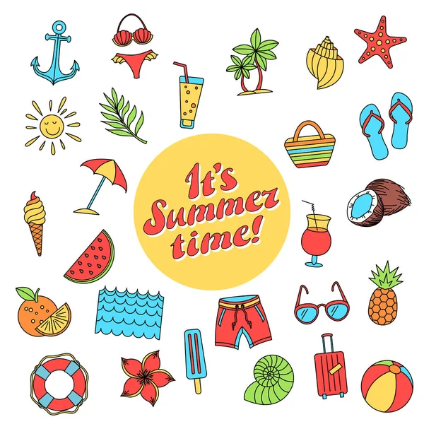 Halo koleksi musim panas. Vektor ilustrasi es krim lucu berwarna, pohon palem, kacamata hitam, nanas, semangka, payung, jangkar, oranye, kelapa, jus, bunga, koper, bikini, Lifebuoy - Stok Vektor
