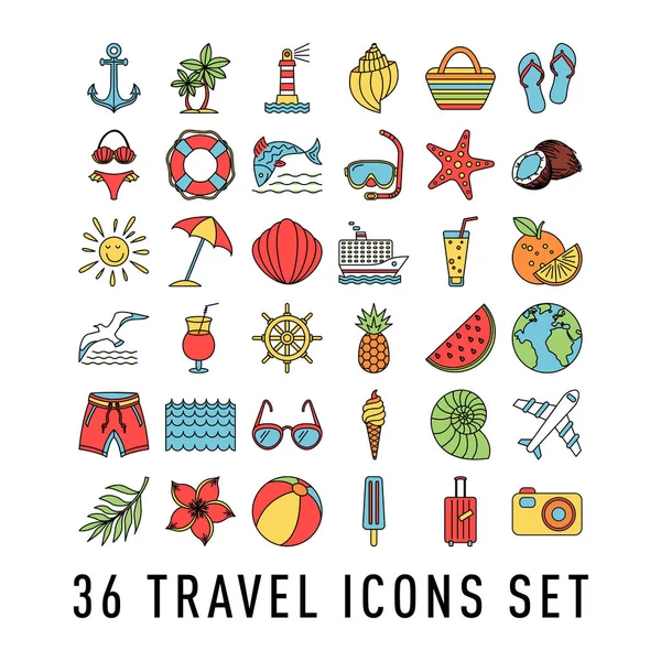 Léto sada 36 cestovních ikon, tenká čára, vektorová ilustrace. Barevná kresba — Stockový vektor