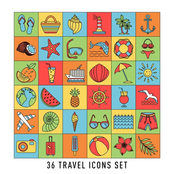 Sommer-Set von 36 Reise-Symbole, dünne Linie Stil, Vektorillustration umreißen Urlaub. Farbskizze — Stockvektor