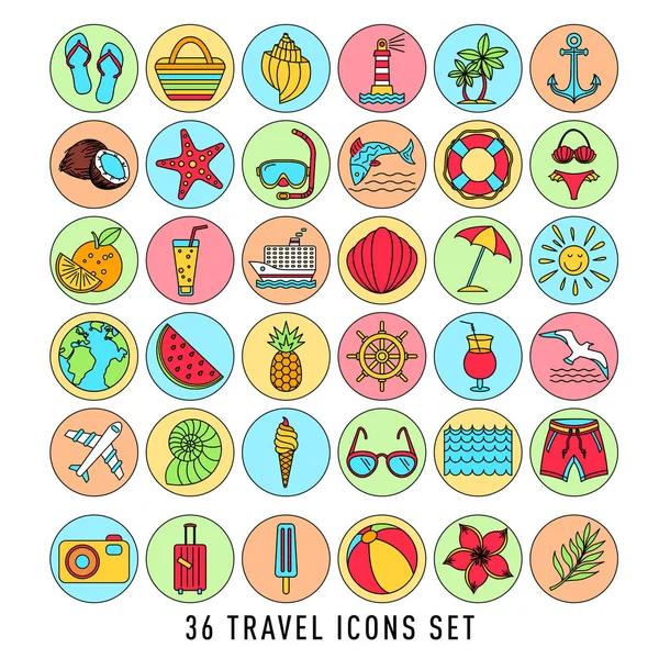 Sommer-Set von 36 Reise-Symbole, dünne Linie Stil, Vektorillustration umreißen Urlaub. Farbskizze — Stockvektor