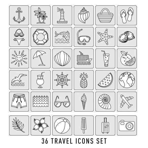 Sommer-Set von 36 Reise-Symbole, dünne Linie Stil, Vektorillustration umreißen Urlaub. schwarze Skizze — Stockvektor