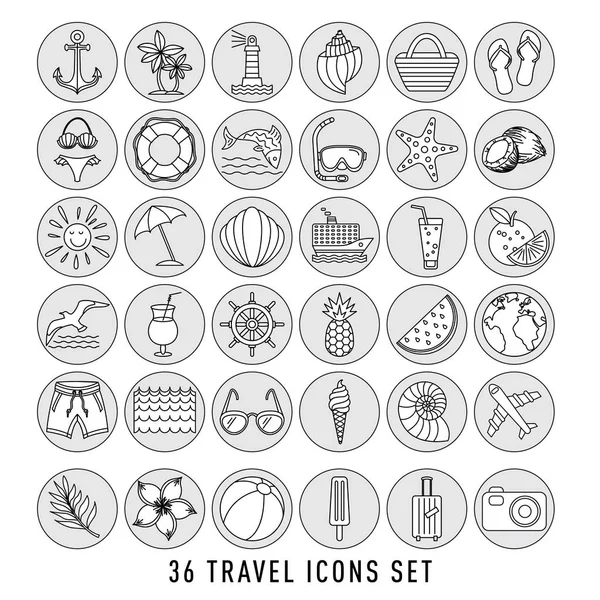Léto sada 36 cestovních ikon, tenká čára, vektorová ilustrace. černá kresba — Stockový vektor