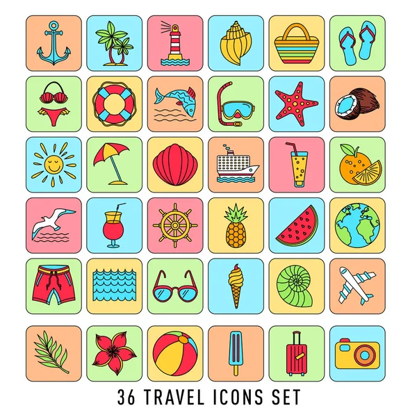 Sommer-Set von 36 Reise-Symbole, dünne Linie Stil, Vektorillustration umreißen Urlaub. Farbskizze — Stockvektor