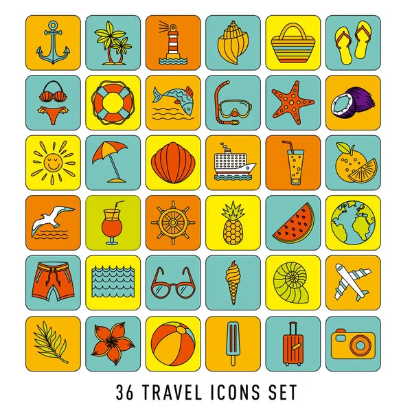 Léto sada 36 cestovních ikon, tenká čára, vektorová ilustrace. Barevná kresba — Stockový vektor