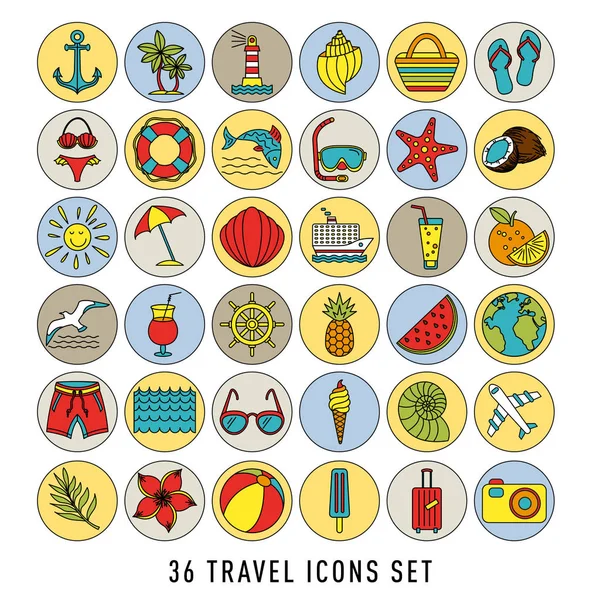 Sommer-Set von 36 Reise-Symbole, dünne Linie Stil, Vektorillustration umreißen Urlaub. Farbskizze — Stockvektor