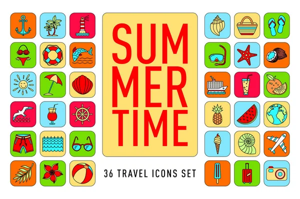 Καλοκαίρι σύνολο 36 ταξιδιωτικά εικονίδια, λεπτό στυλ γραμμής, απεικόνιση διανυσματικού περιγράμματος διακοπών. χρώμα σκίτσο — Διανυσματικό Αρχείο