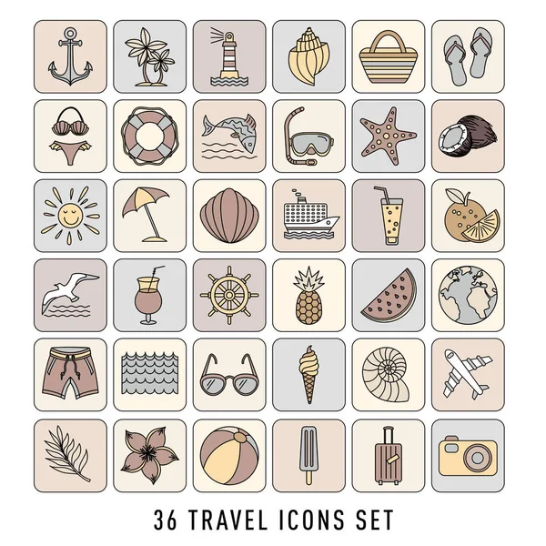 Léto sada 36 cestovních ikon, tenká čára, vektorová ilustrace. Skica — Stockový vektor