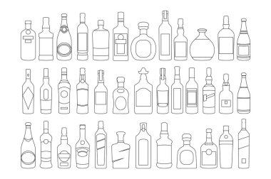vektör Alkol şişeleri satır simgeleri ayarlayın. illüstrasyon içecekler. Reklam ve web için nesne
