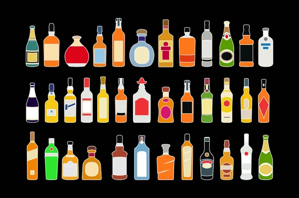 Vecteur Bouteilles d'alcool ligne icônes ensemble. Illustration de collection design plat sur fond noir — Image vectorielle